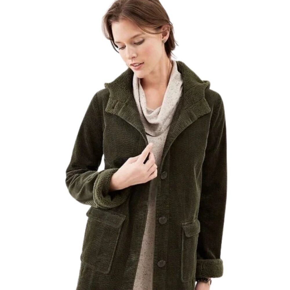 J.Jill Heritage Tumbled Corduroy Hooded Coat Sherpa Lined Cozy Chic - Medium